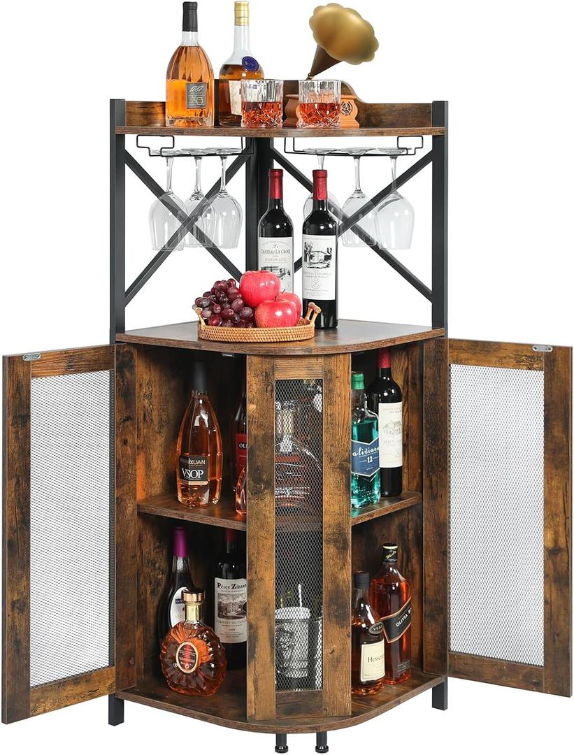 JKsmart Corner Bar Cabinet with Glass Holder, Industrial Cabinet with Mesh Door,4-Tier Cabinet with Open Shelf, Farmhouse Home Bar for Liquor and  Storage, Rustic Brown