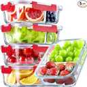 VERONES 5 Pack Glass Meal Prep Containers 2 Compartment Set, 36OZ Airtight Glass Lunch Containers, Glass Food Storage Containers with Lids, for Microwave, Oven, Freezer & Dishwasher Friendly,Red