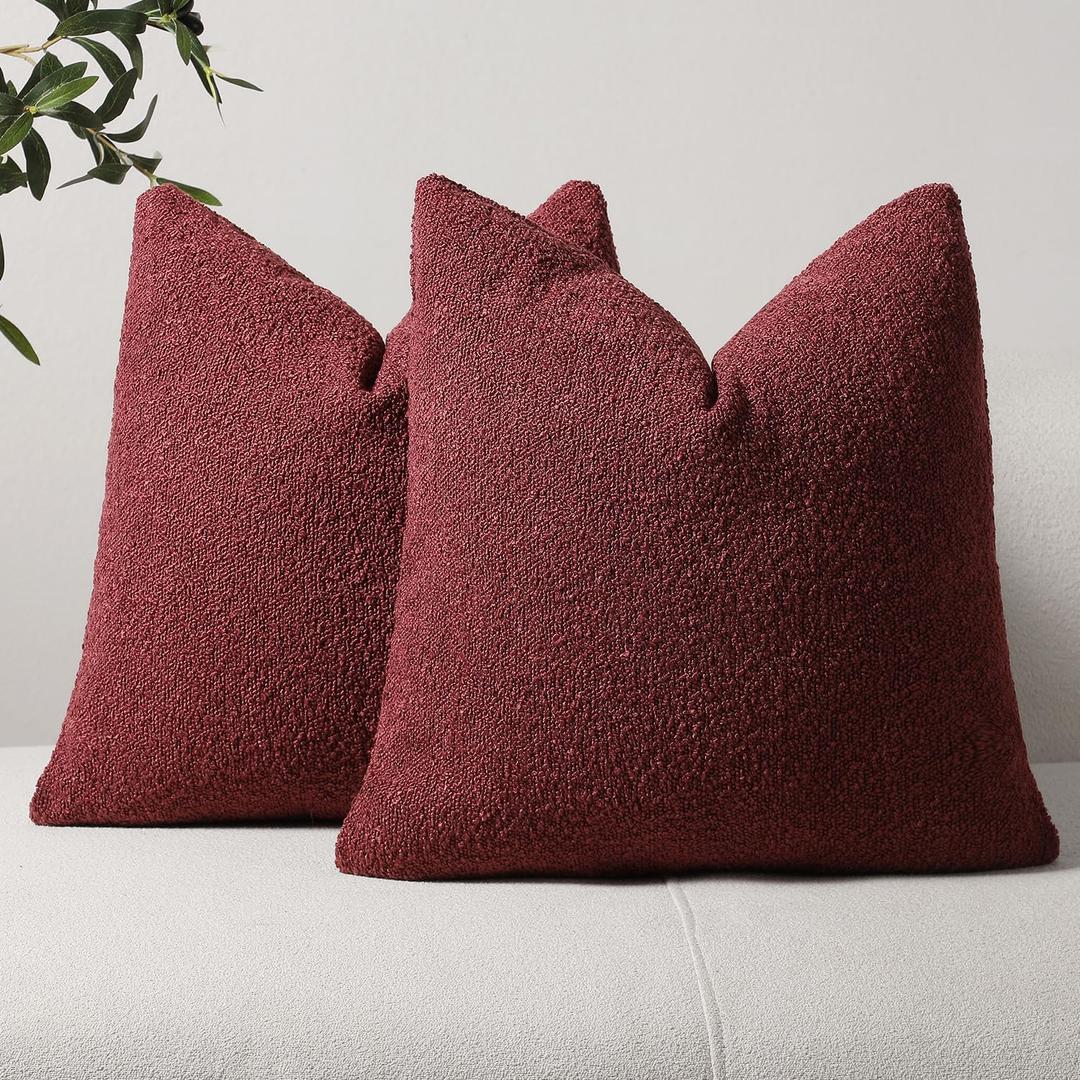DEZENE Textured Boucle Throw Pillow Covers 18x18 Burgundy for Bed Couch Sofa Living Room, Pack of 2 Square Cozy Chic Decorative Pillow Cases (Covers ONLY)