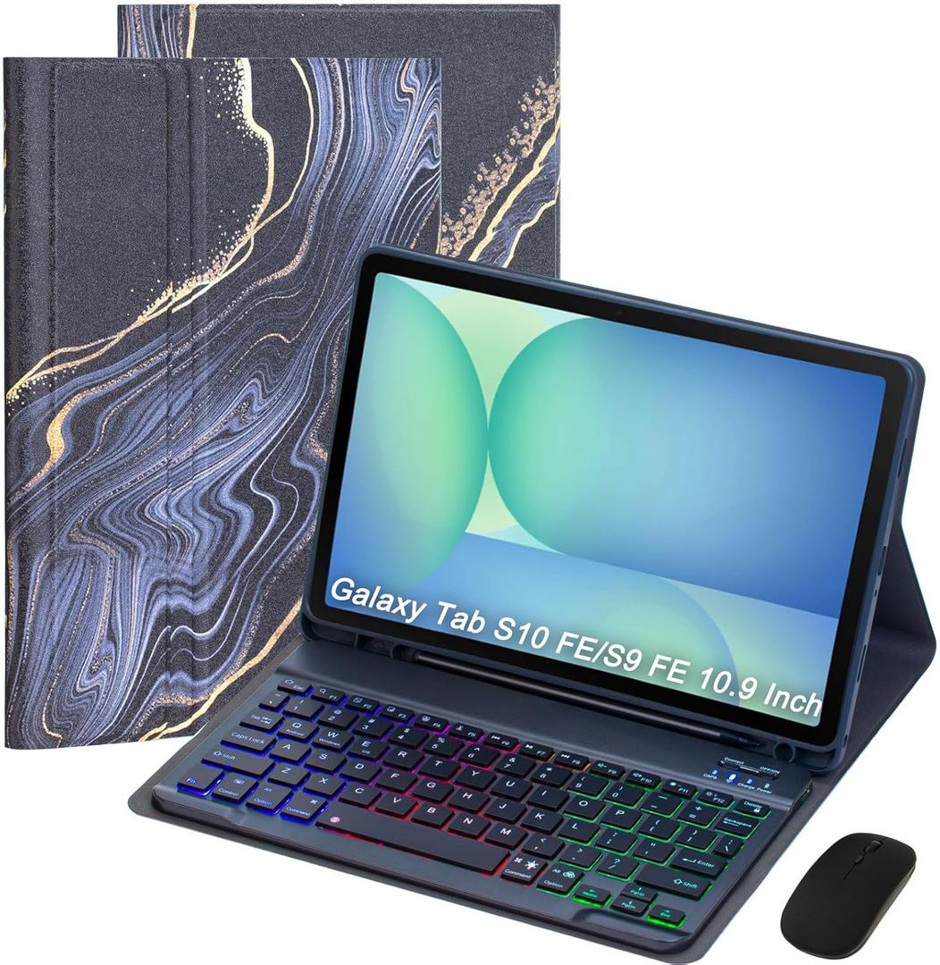 Keyboard Case for Samsung Galaxy Tab S10 FE/S10 Lite/S9 FE 10.9 2025/Galaxy Tab S9 11 Inch 2023, Mouse and Detachable Bluetooth Backlit Keyboard, Folio Cover with Pen Holder (Black Marble)