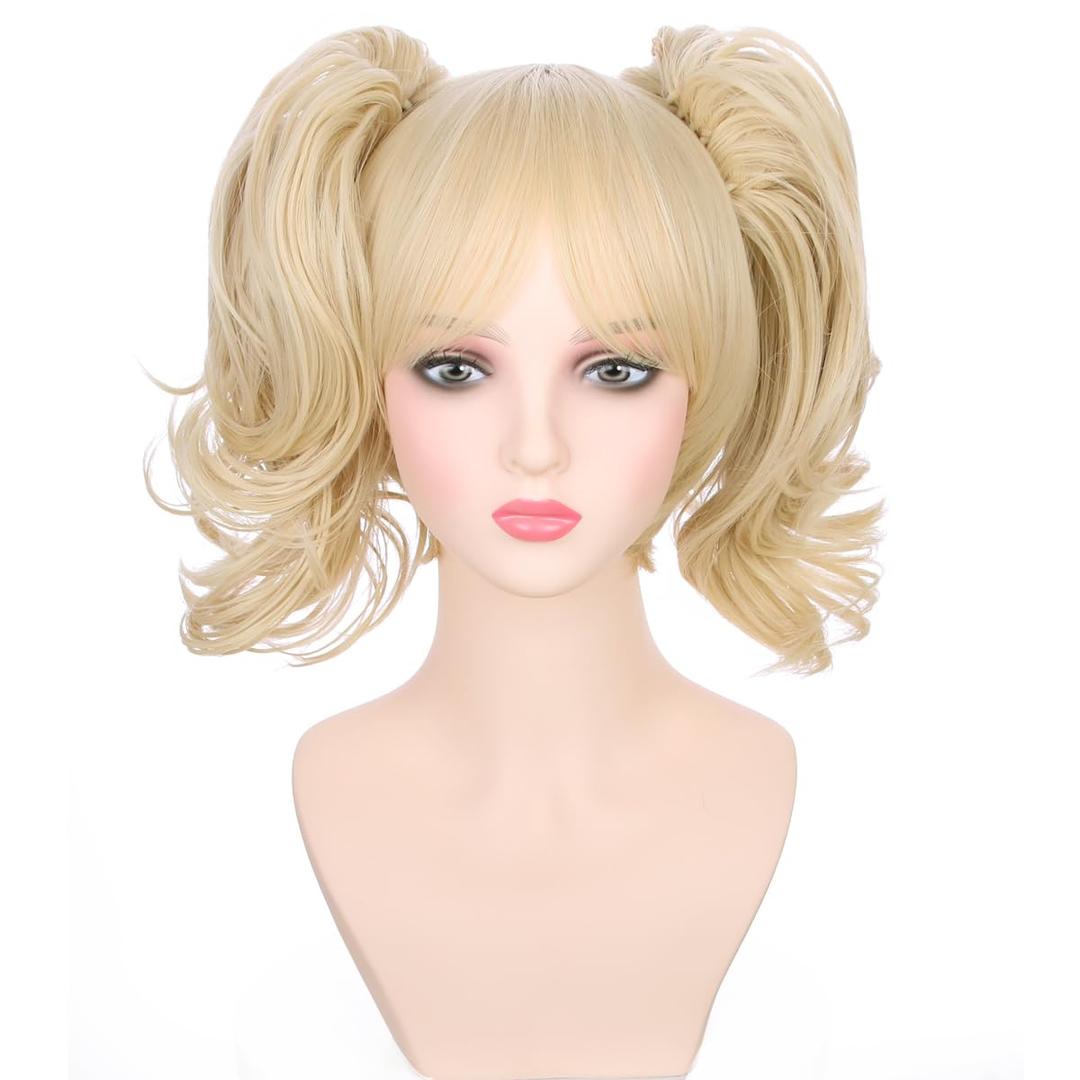 Blonde Wig for Kids Girls Short Blonde Ponytail Wig for Child Include 2 Detachable Buns with Clips Synthetic Cosplay Costume Wigs