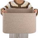 OIAHOMY Cotton Rope Basket, Rectangle Woven Nursery Blanket Basket, Toy Storage Basket with Handle, Baskets for Organizing, 18x14x12, Brown variegated