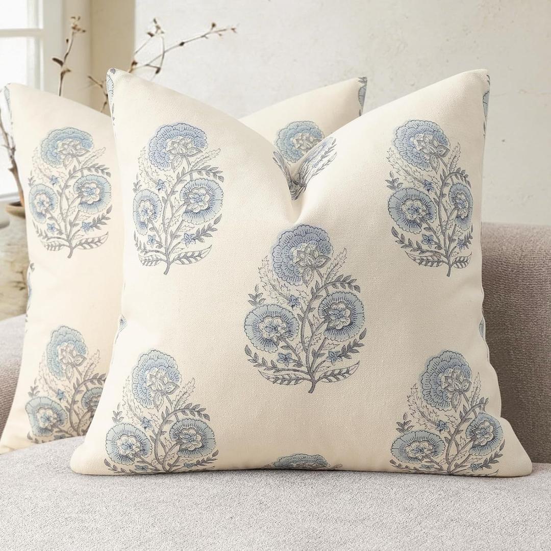 YCOLL Vintage Floral Print Pillow Covers 18x18 Set of 2 Patterned Accent Decorative Cushion Covers Modern Farmhouse Throw Pillow Covers for Sofa Couch Chair Bed Living Room Home Decor, Light Blue