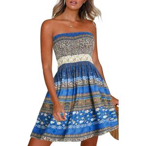 CHICGAL Summer Dresses for Women Beach Cover Ups Strapless Boho Floral Print Sundress (Medium)