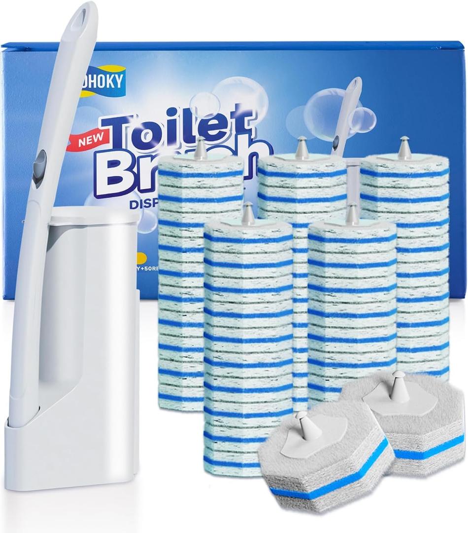 Disposable Toilet Brush Cleaning System with 40pcs Refills Pads Replacement Heads, Toilet Cleaning Stick, Wall Mounted Toliet Wand Kit Bathroom Maintenance, Toilet Bowl Cleaner Wands Holder and Set