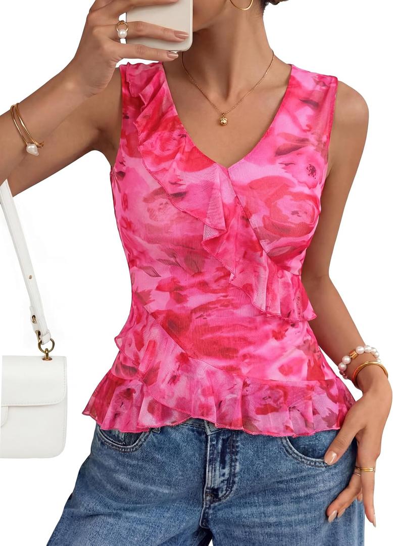 ZESICA Women's Summer Going Out Tops Sleeveless V Neck Floral Y2K Shirts (Pink)