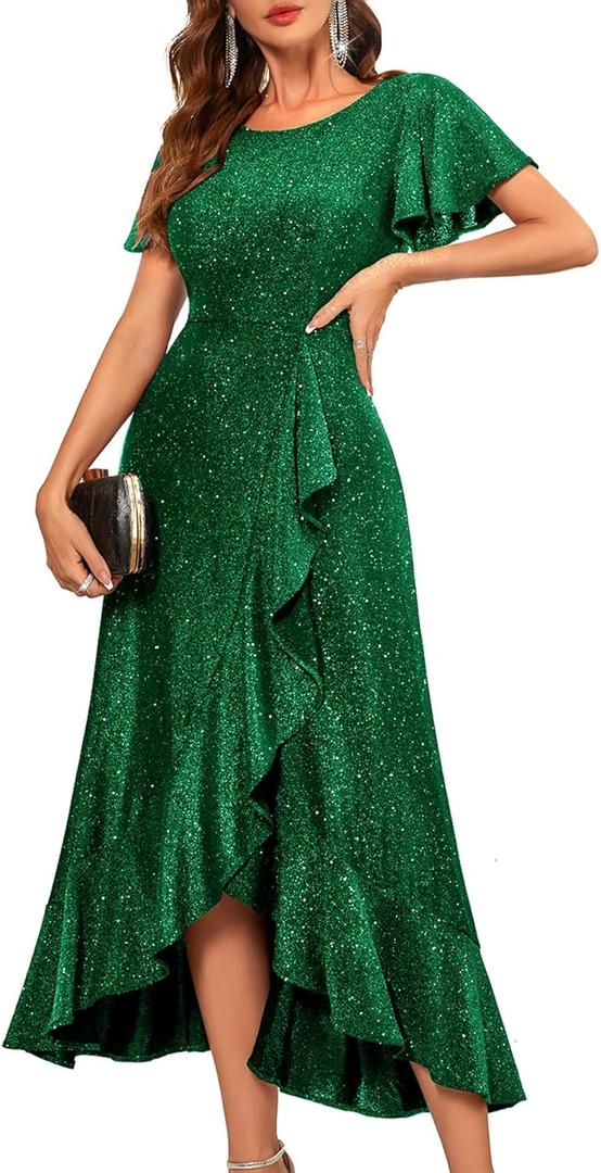 BeryLove Women Sequin Formal Party Dress Flutter Short Sleeve Wedding Cocktail Long Evening Dress (3X-Large, Darkgreen)