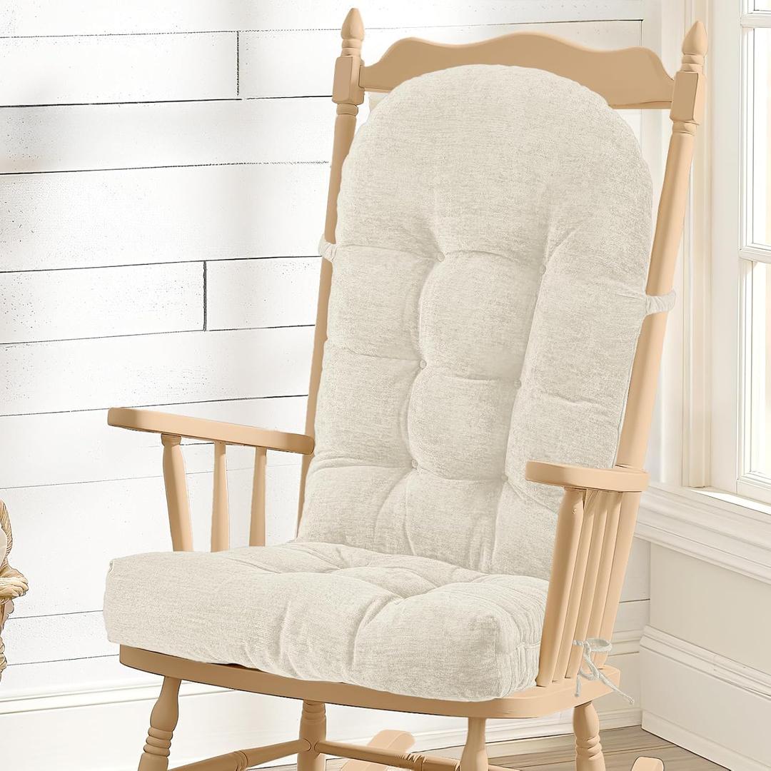 Rocking Chair Cushion - Chenille Fabric, High-Density Sponge, Durable Comfort Non-Slip Bottom Tufted Seat Pads with Ties, ChenilleOyster White, 44x19x4 inch