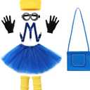 7Pcs Girls Yellow Costume Accessories Set Kids Halloween Cosplay Outfit with Beanie Goggles Gloves Suspenders Tutu Skirt Socks Crossbody Bag
