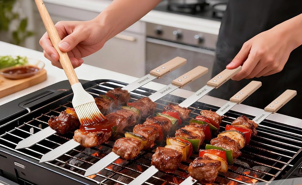 5PCS Stainless Steel Koobideh Skewers, 23.5" Flat Persian Kabob Skewer, Metal Long BBQ Skewers for Grilling Meat with Wood Handle and Silicone Brush for Picanha Brazilian Shish Adana Kebab