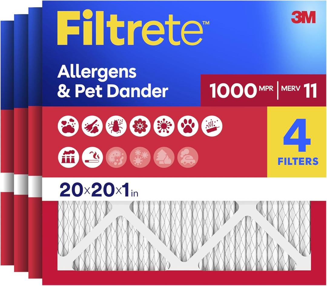 Filtrete 20x20x1 Air Filter, MERV 11, MPR 1000, Allergens & Pet Dander, 3-Month AC and Furnace Filters, Cleaner Air, Reliable Airflow, 1 HVAC Filter (Actual Size 19.68 x 19.68 x 0.81 in)