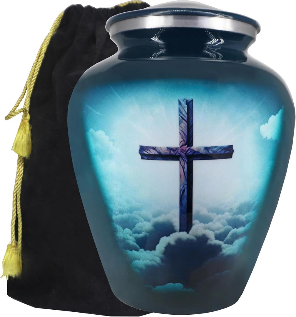M MEILINXU Cremation Urns for Human Ashes Adult Female & Male, Funeral Urn for Ashes for Women & Man, Soulful Religion Cross, Burial, Decorative Urns, Religious Crosses, Turquoise  Large Full Size