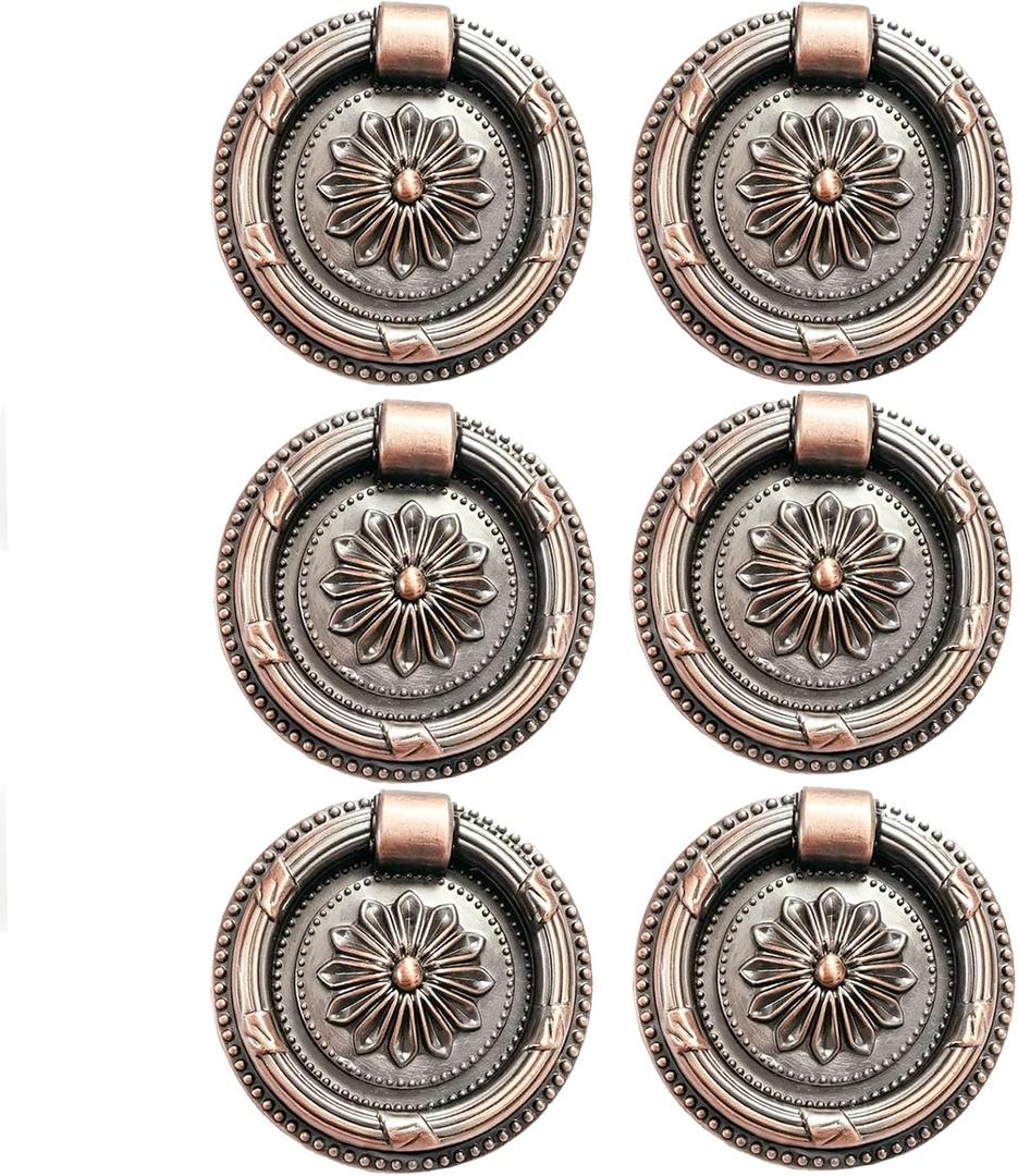 6PCS Drop Ring Handles Dresser Ring Pull Brass Oil-Rubbed Bronze Cabinet Cupboard Pulls Drawer Ring Handle Knobs (Copper, 2.1in/55mm)
