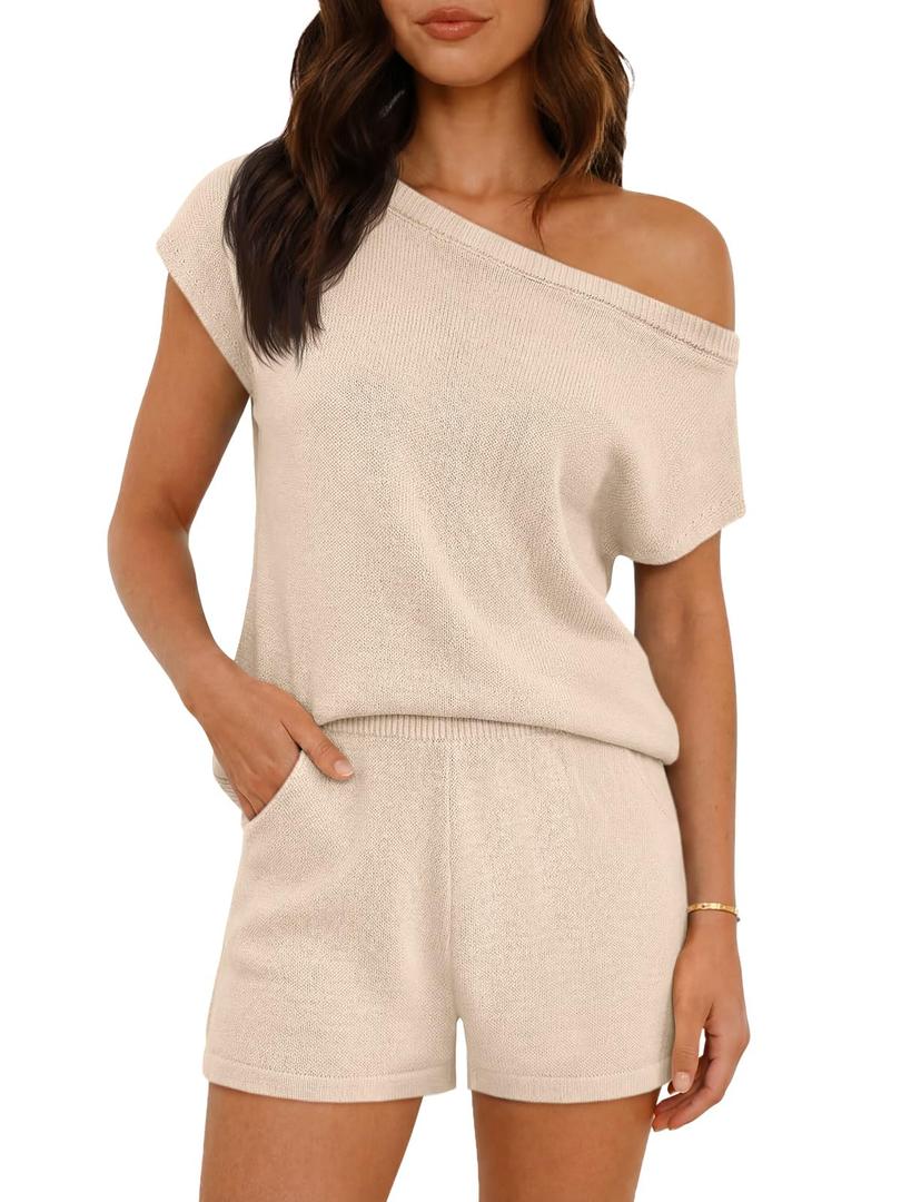 Tankaneo Womens Off The Shoulder 2 Piece Outfits Sweater Sets Shorts Casual Matching Lounge Sets 2025 XL
