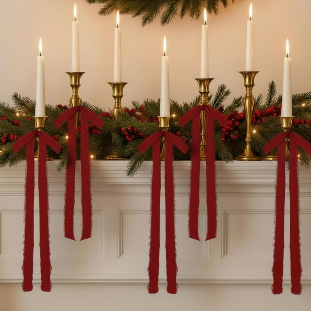 12 Pcs Velvet Christmas Bows Candle Holder Decoration Large Raw Edge Pre-Tied Bow 7.1"x15.7" Vintage Fringe Ribbon Handmade Bow for Christmas Tree Candlestick Rustic Gift Wrapping(Red)