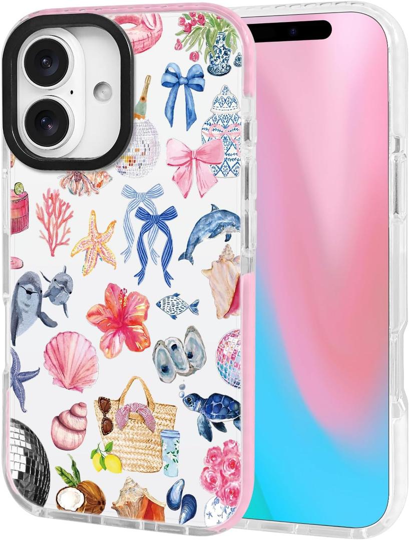 ChiCsFleur for iPhone 14 Plus/iPhone 15 Plus Case, TPU Phone case with Camera Protection for Women Girls Teens - Coastal Holiday Collage Tropical Y2K Bow Gift Disco Hibiscus Shell Lemon Aesthetic (MarineLace)