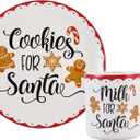 Bico Gingerbread Man Cookies and Milk For Santa Ceramic Plates and Mugs Set, Microwave and Dishwasher Safe, for Christmas Eve