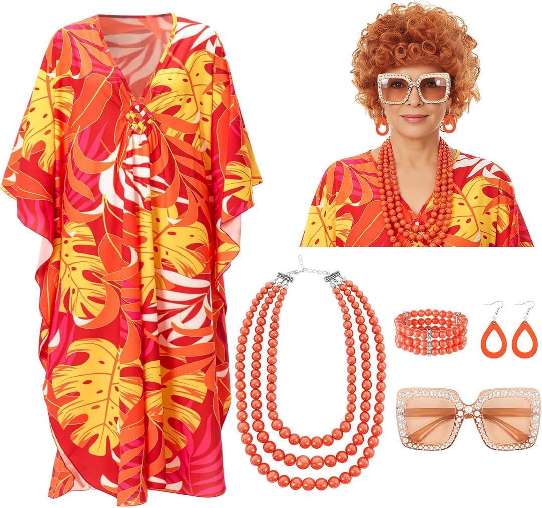 6pcs Halloween Landlady Women Costume Curly Wig Print Caftan Dresses Jewelry Set and Sunglass for Cosplay Party