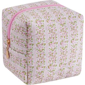 Cube Cosmetic Makeup Bag Small Cotton Quilted Makeup Pouch for Purse Cute Floral Travel Toiletry Zipper Pouch (Pink Floral)