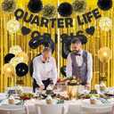 25th Birthday Party Decorations for Women - Black "Quarter Life Crisis" Banner, Number 25 Balloons, Cupcake Toppers, Tablecloth and Tissue Pom Poms - Chic 25th Party Supplies (Black&Gold)