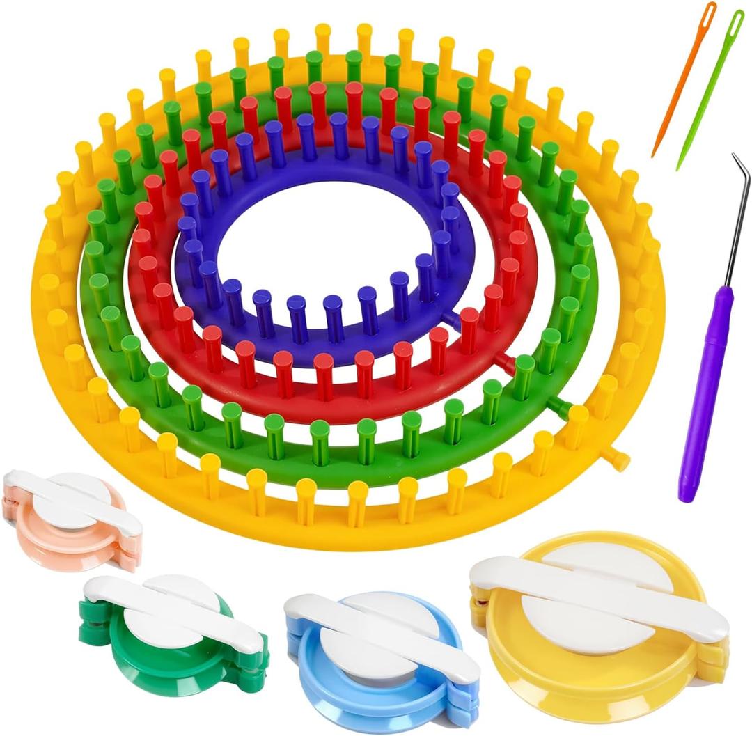 Cesilili Knitting Loom Kit with Pompom Maker Round Knitting Loom for Beginner 4 Sizes (4/6/8/10 Inches) Needle Set DIY Tool for Hats Scarves Handcrafts