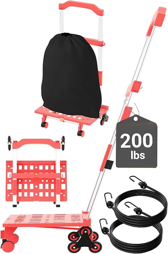 Folding Hand Truck, 200 lbs Durable Luggage cart with All-Terrain Triple Wheels, Multifunctional and Compact Dolly cart with Wheels for Shopping, Moving and Traveling, Red