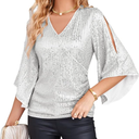 GRACE KARIN Womens Sparkly Sequin Tops,3/4 Sleeve Glitter Party Dressy Blouse,V-Neck Disco Evening Club Concert Shirt, M, White