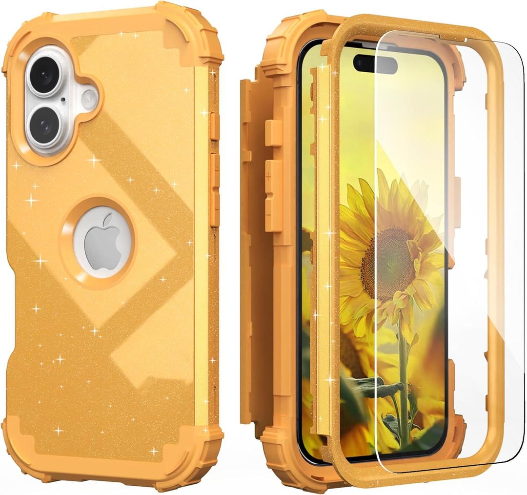 IDweel for iPhone 16 Plus Case with Screen Protector, Luxury 3 in 1 Shockproof Slim Fit Hybrid Heavy Duty Hard PC Cover Soft Silicone Bumper Full Body Anti-Fingerprint Case, Glitter Sundial Golden