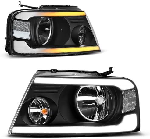 AUTOSAVER88 Switchback LED Tube Headlights Assembly Compatible with 2004-2008 Ford F150 F-150 DRL Headlight Headlamp Replacement Pair with Daytime Running Light Black Housing Clear Reflector