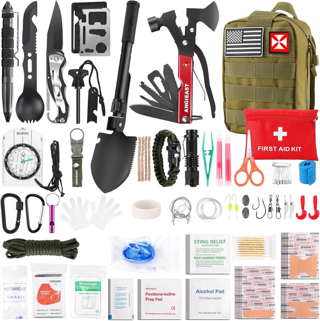 Survival Kit 256 in 1, First Aid Kit Survival Gear Tools Trauma Kit with Molle Pouch for Outdoor, Camping, Hunting, Hiking, Earthquake, Home, Office, Gifts for Men Dad Husband Women (Green)