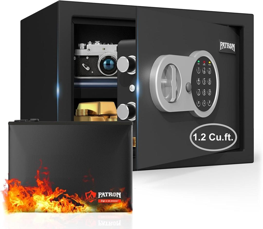 [1.2 Cubic Feet] PATRON - Fireproof Home Safe, Digital Security Safe for Cash Documents, Safe Box with Electronic Keypad, Removable Shelf for Office