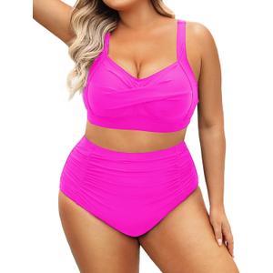 Daci Women's Plus Size Bikini Sets - High Waisted Two-Piece Swimsuits with Tummy Control Pink 18W