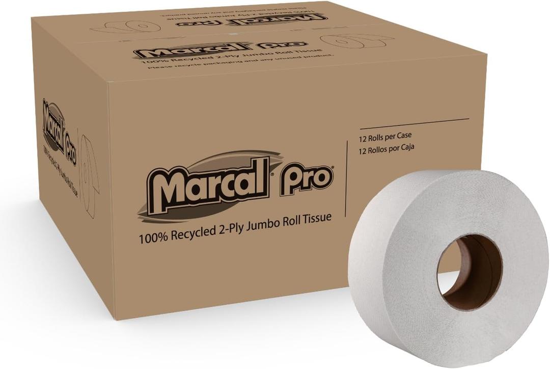 Marcal Pro 2-Ply Jumbo Toilet Paper Rolls, 3.3" x 600', Big Roll Toilet Paper for Office & Commercial Restrooms, Pack of 12 (5206)