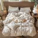 MooMee Wavy Striped Duvet Cover Set 100% Washed Cotton Linen Like Textured Breathable Durable Soft Comfy (Beige, Queen 90"x90")