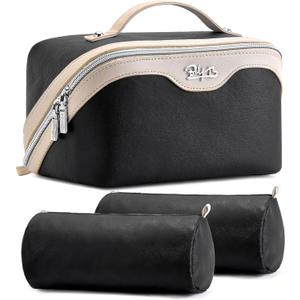 BOYATU Travel Makeup Bag Organizer Cosmetic Bag: 3 Pcs Set Make up Bags for Women with Handle - Waterproof Vegan Leather Toiletry Bags Travel Essentials Pouch with Compartments (A-01-Black)