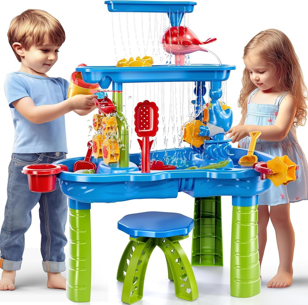 Water Table for Toddlers 3-5, 3-Tier Kids Sand Water Table, Sand and WaterActivity Sensory Tables Summer Outdoor Toys Beach Toys for Outside Backyard for Kids Toddlers Age 3 4 5 6 7 8