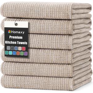 Homaxy Premium Kitchen Towels(18x 28, 6 Pack), Large Cotton Kitchen Hand Towels, Flat and Terry Dish Towels, 380 GSM Highly Absorbent Tea Towel Set with Hanging Loop, Khaki