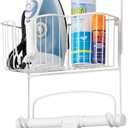 mDesign Steel Metal Over Door Ironing Board Holder with Large Storage Basket for Laundry, Utility, Mudroom, Garage - Holds Iron, Board, Spray Bottles, Starch, Detergent, Fabric Refresher - White