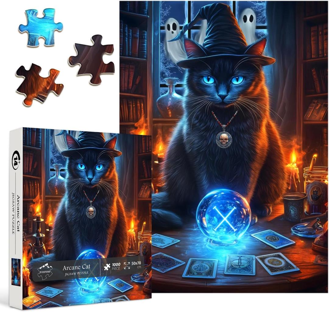 Halloween Puzzles for Adults 1000 PiecesPICKFORU Horror Cat Jigsaw Puzzles Ghost Tarot, Impossible Mysterious Kitten Theme as Home Wall Art