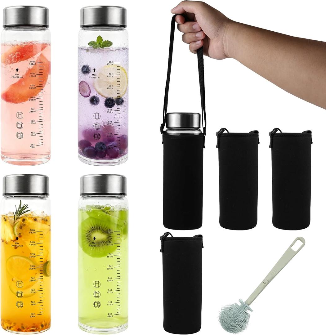 Glass Juice Water Bottles 4 Pack 20 OZ,Wide Mouth Glass Water Bottles with Lids and Sleeve,for Juicing, Smoothies, Milk, Protein, Reusable, Leak Proof, Shaker bottle