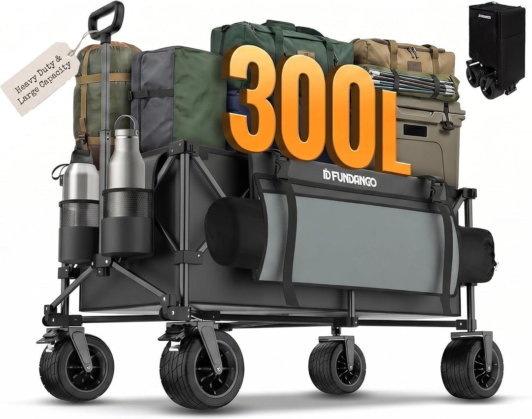 FUNDANGO Heavy Duty Collapsible Wagon 47" L x 24" W, 300L Large Capacity Foldable Cart with Big All-Terrain Wheels for Camping, Beach, Garden & Shopping