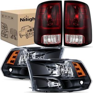 Nilight Headlight and Taillight Assembly Combo Compatible with 2009 2010 2011 2012 2013 2014 2015 2016 2017 2018 Dodge Ram for Quad Models Black Housing Amber Reflector with Dark Red Tail Light