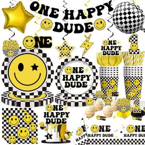 179pcs One Happy Dude Birthday Decorations Include One Happy Dude Plates and Napkins Set, Banner, Hanging, Tablecloth, Cupcake Topper, Balloon, for 1st Birthday Decorations Boy, Serves 25
