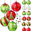 Celltestria 18pcs Christmas Balls Ornament 2.4 Inch Red Green Glittering Hanging Christmas Balls for Tree Swirl Candy Cane Polka Dots Christmas Tree Baubles for Home Indoor Holiday Party Decor