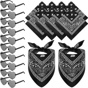 12 Set Paisley Bandanas and Heart Glasses Cowboy Novelty Bandanas Rimless Transparent Heart Sunglasses for Women Men Western (Black)