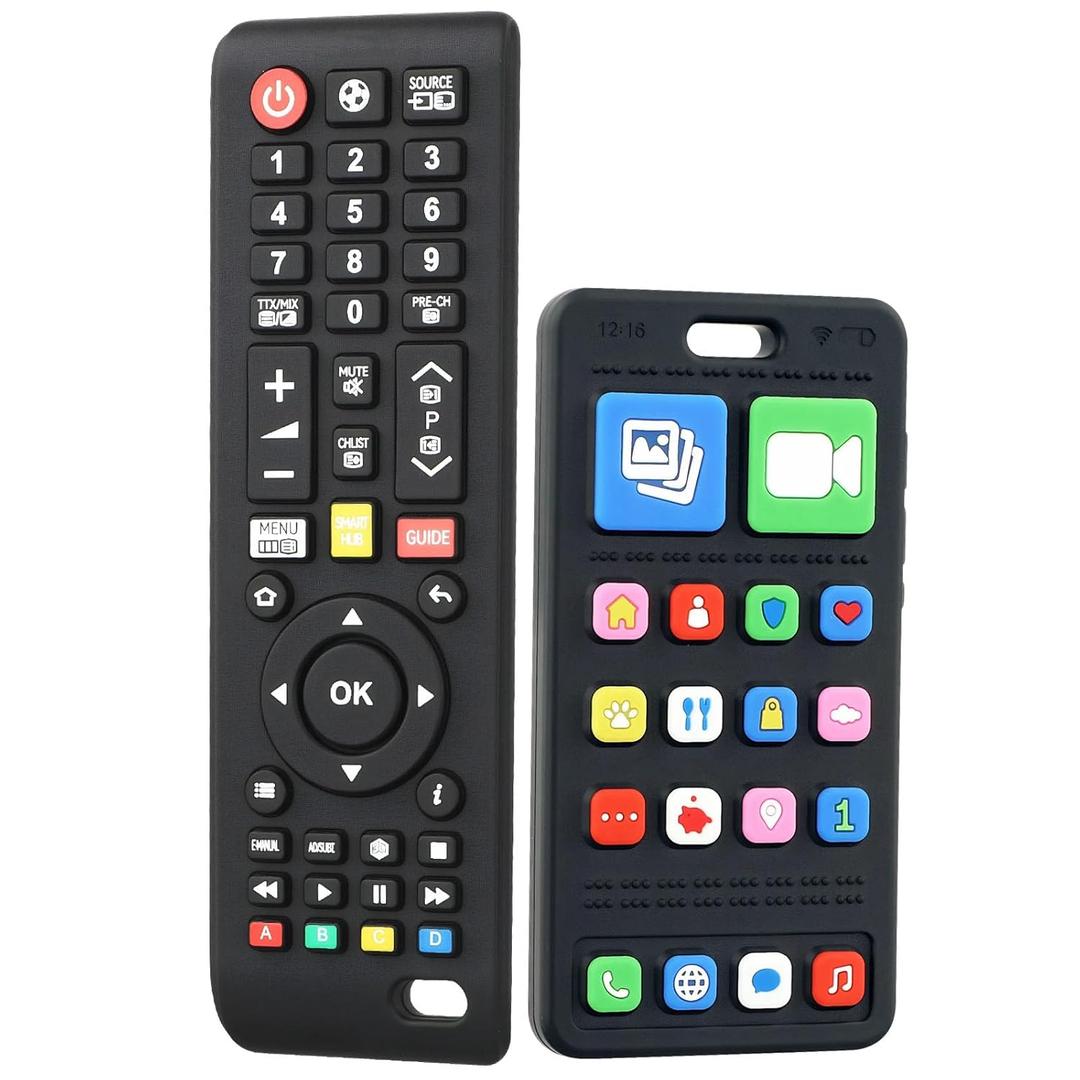 Baby Teether Toy Play Phone and TV Remote Control Shape Teething Toys for Babies 3-24 Months, Chew Toys for Infants Teething Relief, Freezer BPA Free (Black Black)
