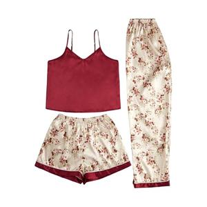 WDIRARA Women's 3 Pieces Sleepwear Letter Graphic Print Lettuce Trim Cami Top with Shorts and Pants Pajama Set (Medium , Burgundy)