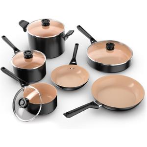Ninja Pots and Pans Set Non Stick | Extended Life Select Ceramic Cookware Set | 10-Piece Nonstick | PFOA Free | Oven Safe to 350°F | Induction Compatible | CK89010BF