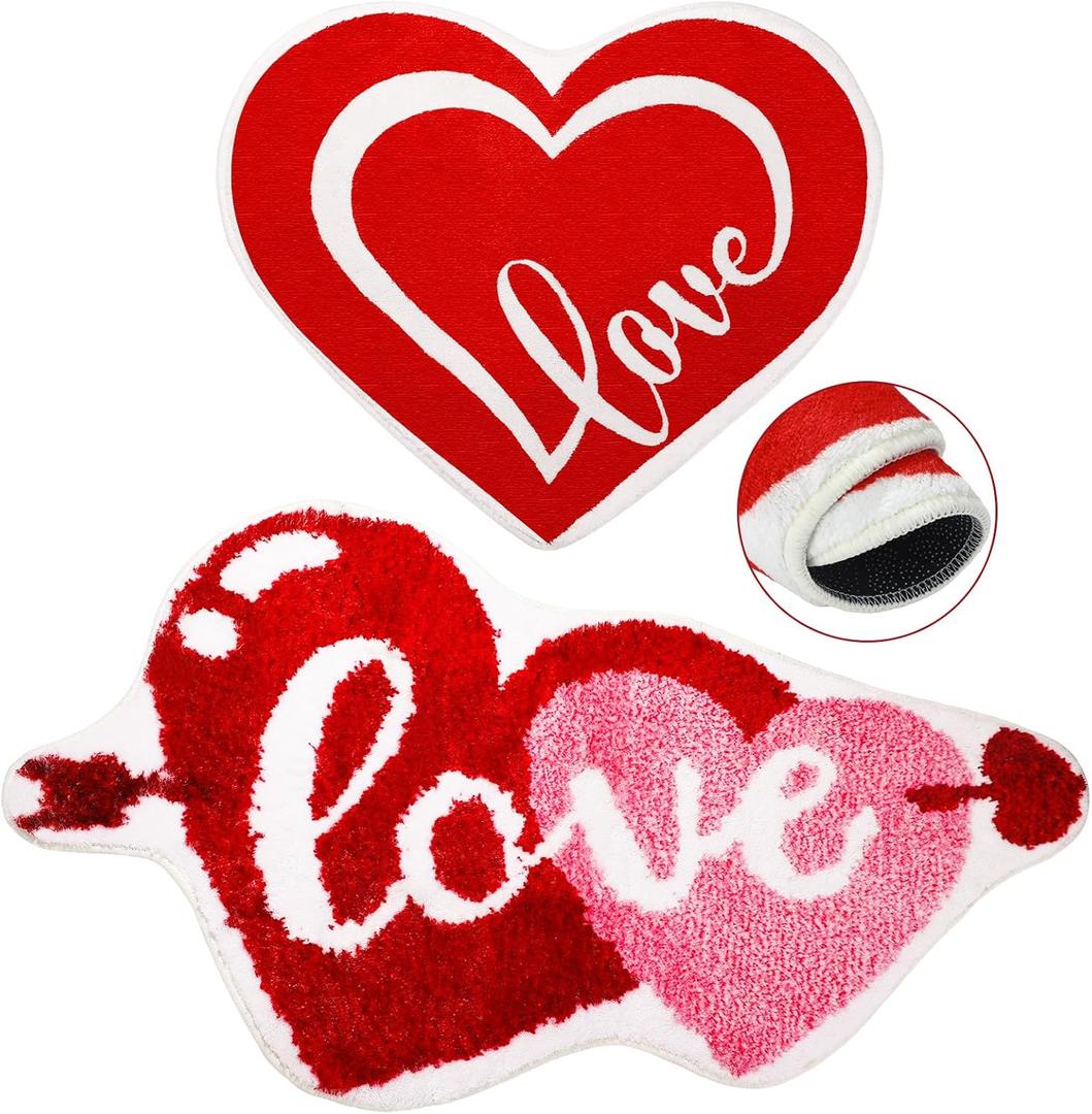 FuWeave 2 Pcs Valentine's Day Bathroom Rug Heart Shaped Mat Tufted Valentines Bathroom Mat Decor Non Slip Floor Soft Absorbent Red Rugs for Shower Kitchen Living Room, 31.5x20'', 23.6x20''