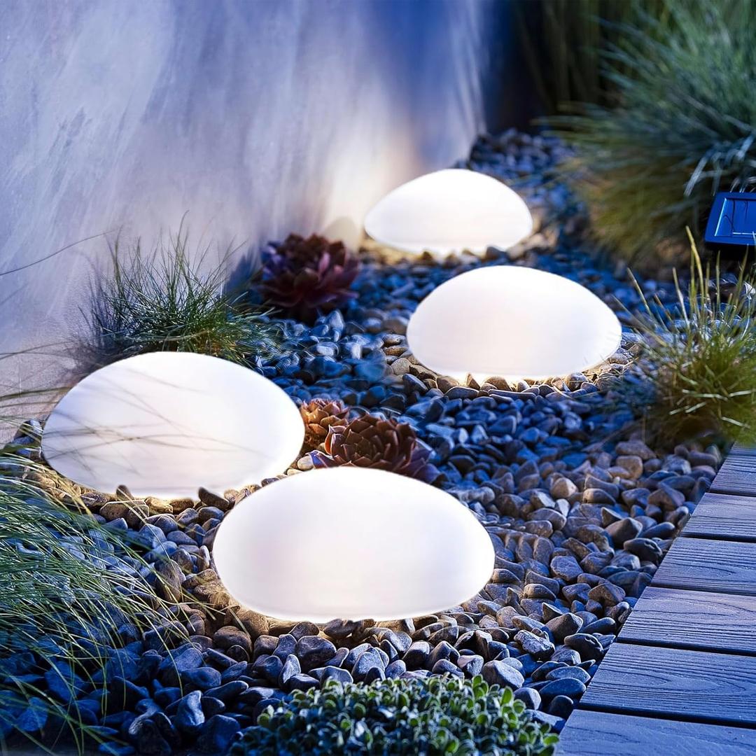 Solar Garden Lights Outdoor Set of 4 Plastic Pebble Shape Decorative Rock Lights Waterproof - Cool White